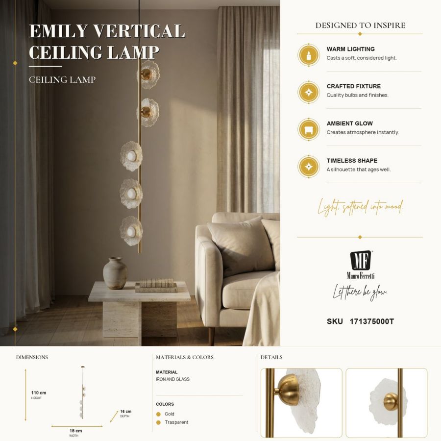Plafondlamp Emily Vertical Ceiling Lamp Trasparent Glass 15×16×110 cm