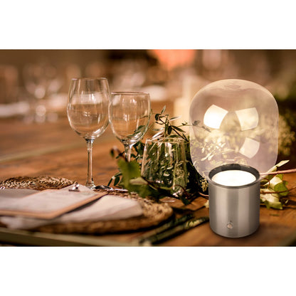 Draadloos tafellicht "Albero" decoratief tafellicht gemaakt van chroomkleurig metaal en glas met stevig geïnstalleerde LED's, dimbaar met aanraaksensor, 25 cm hoog