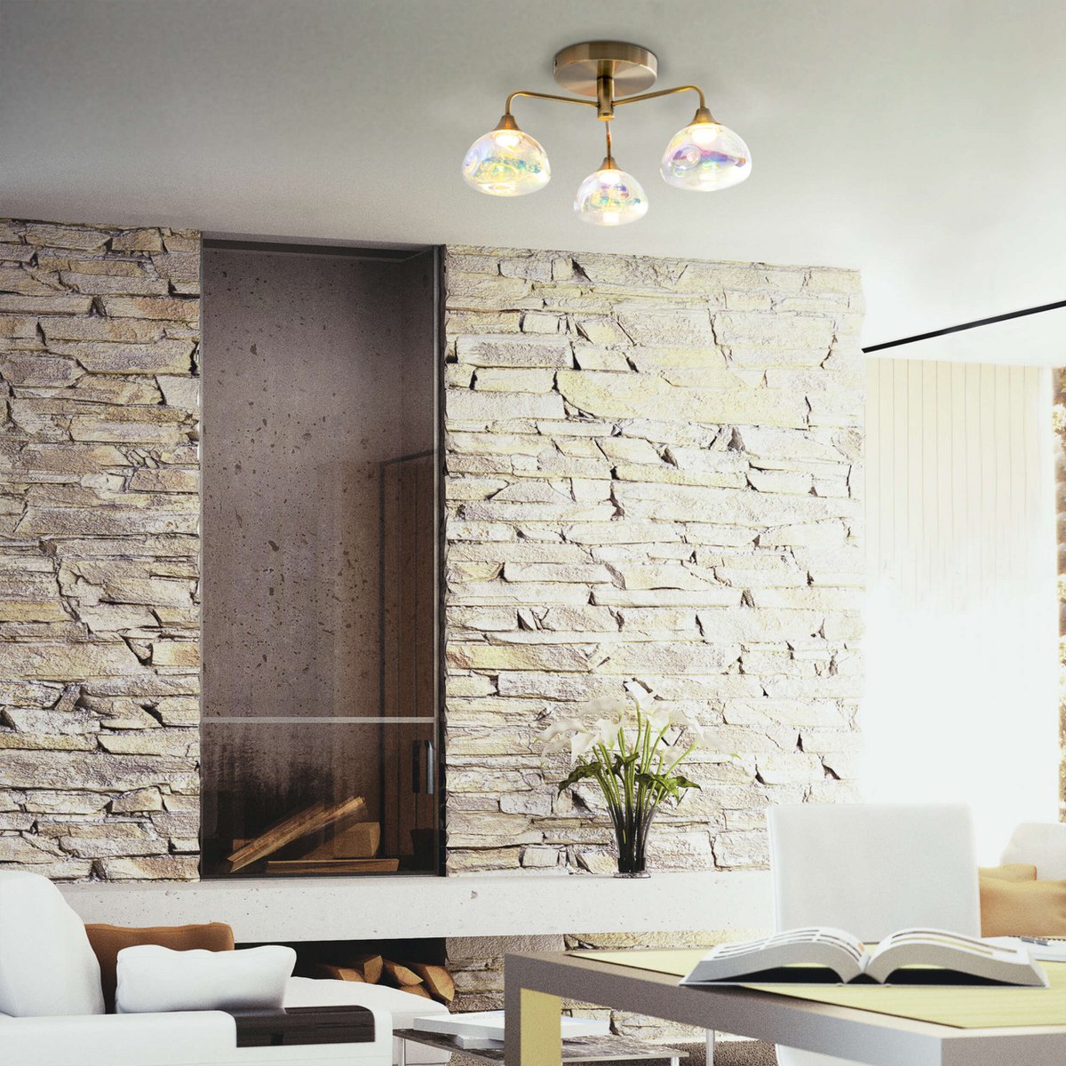 LED-plafondlamp 3-flame "varna", plafondlamp gemaakt van messing gekleurd metaal en irisglas, met stevig ingebouwde LED's, een diameter van 42 cm, stijlvolle verlichting voor woonkamer, eetkamer of gang