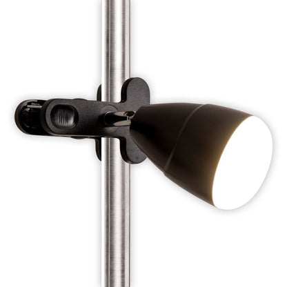 LED -klemlamp gemaakt van metaal en plastic in het zwart, met geïntegreerde LED's