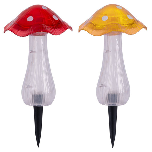 Zonne -decoratieve spiesjes zetten "mantar" Ø 13 cm, 29 cm hoog, transparant plastic in rood, geel en heldere, geïntegreerde LED's, koud wit "