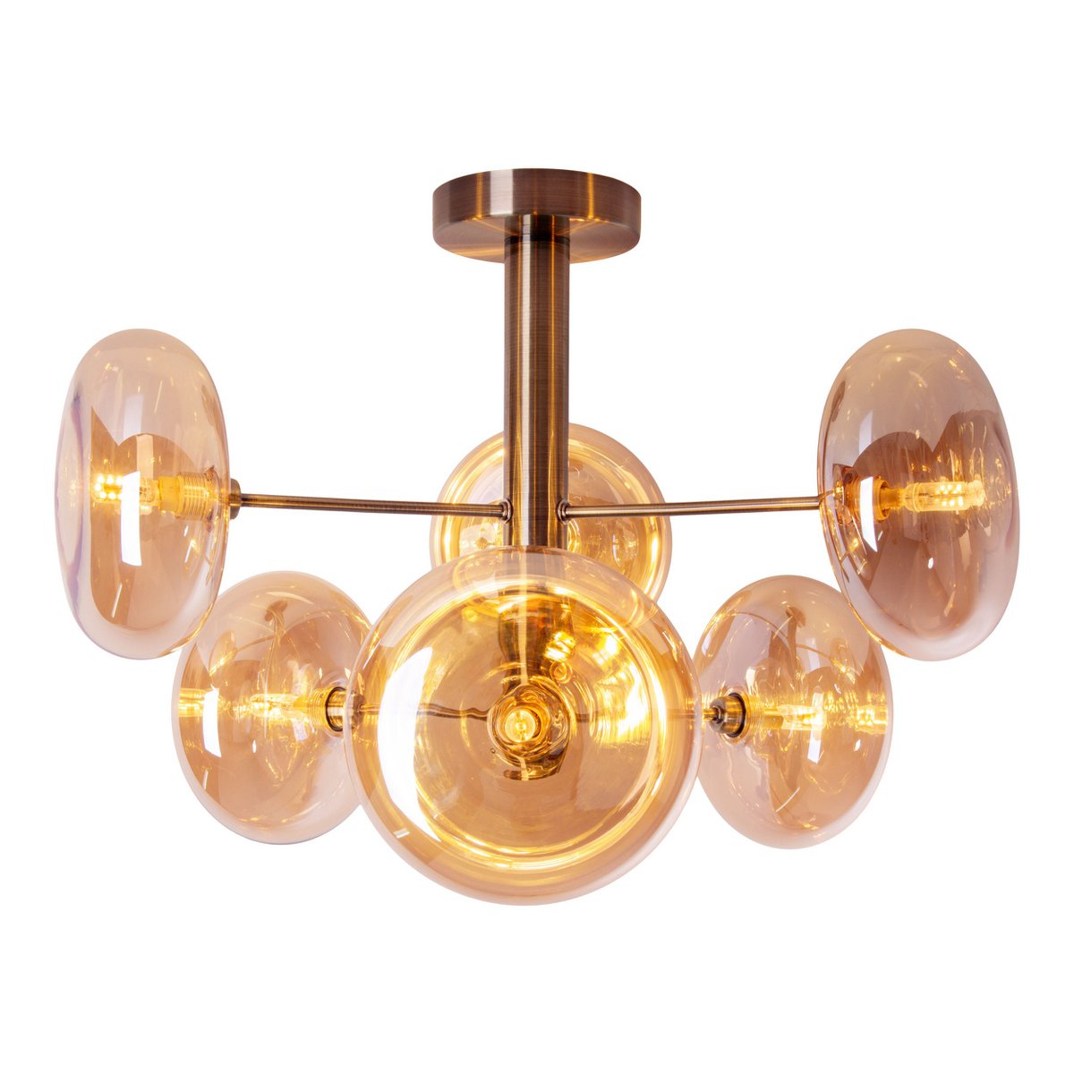 Plafondlamp "Orion" Ø ongeveer 53 cm barnsteen, gemaakt van messing gekleurd metaal en glas in barnsteen, G9-basis, verlichting voor woonkamer, eetkamer of kantoor.