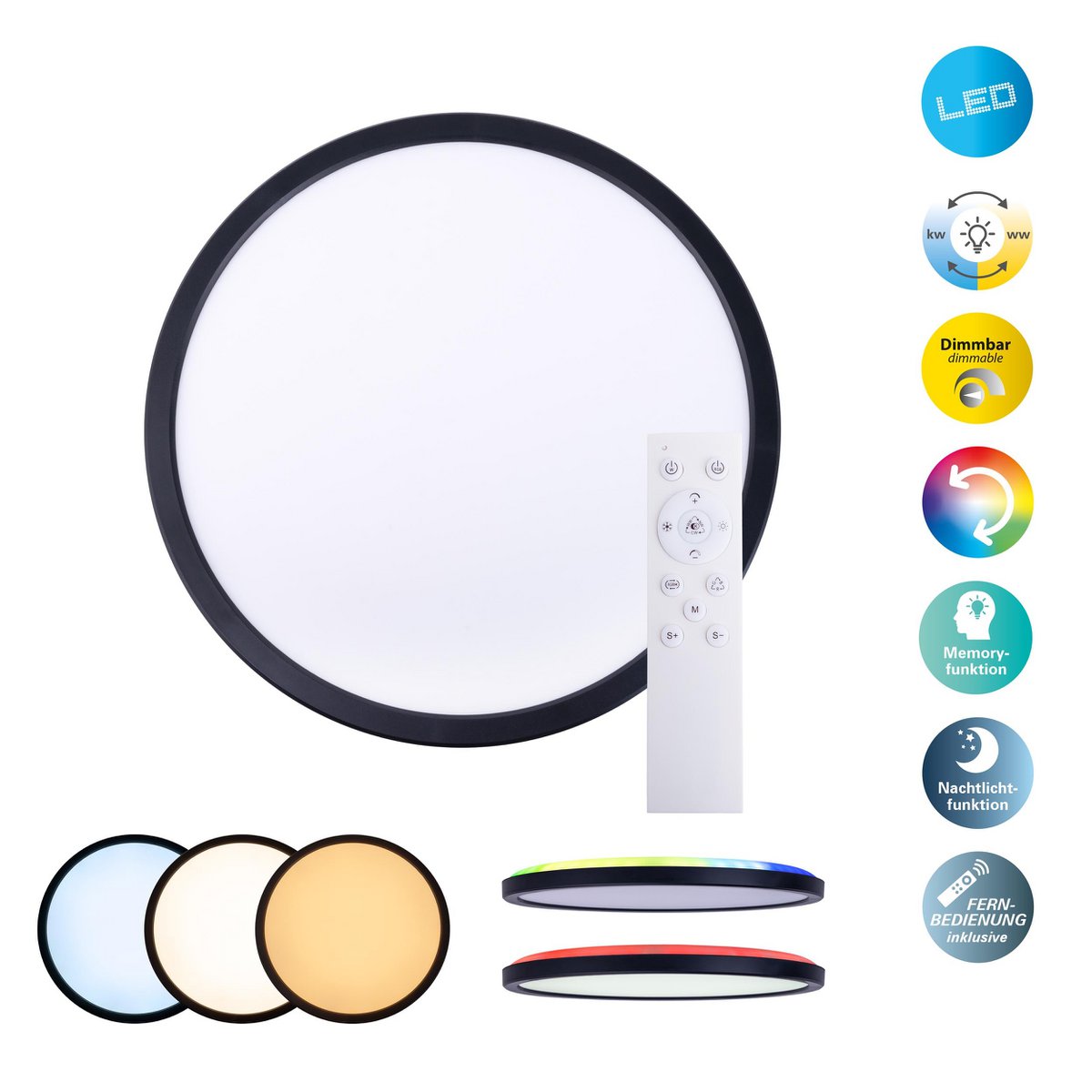 Het LED-plafondlicht "Carlo" met RGB-backlight, Ø van 54 cm, klassiekmoderne plafondlicht gemaakt van zwart/wit plastic met veel functies, b.v.