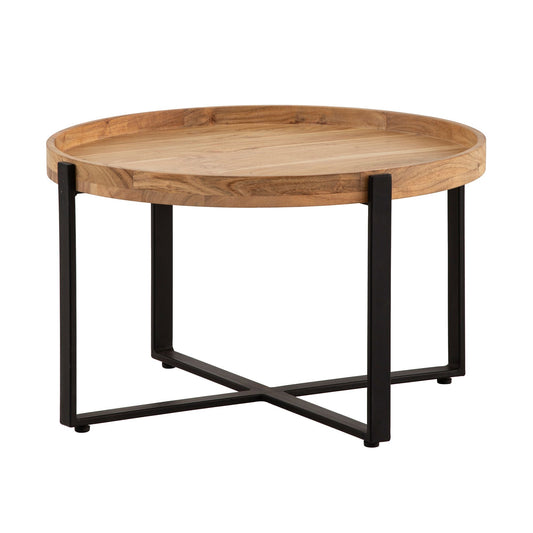 Salontafel 60x60x36 cm Acacia Massief Hout Metaal Lichtbruin Ronde Salontafel, Design Woonkamertafel met Opstaande Rand, Industriële Salontafel Woonkamer Modern