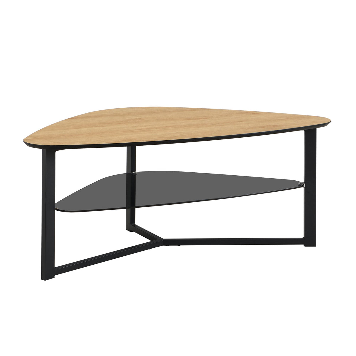 Niervormige salontafel in eikenlook 110 cm met glazen blad