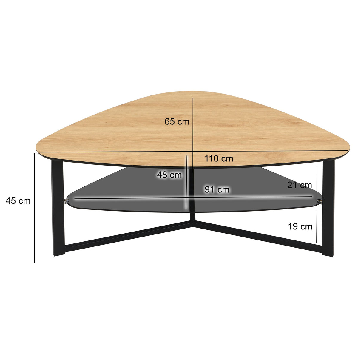 Niervormige salontafel in eikenlook 110 cm met glazen blad