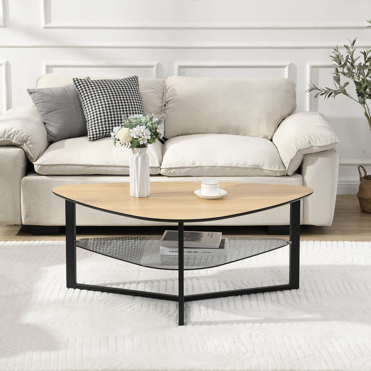 niervormige salontafel in eikenlook 110 cm met glazen