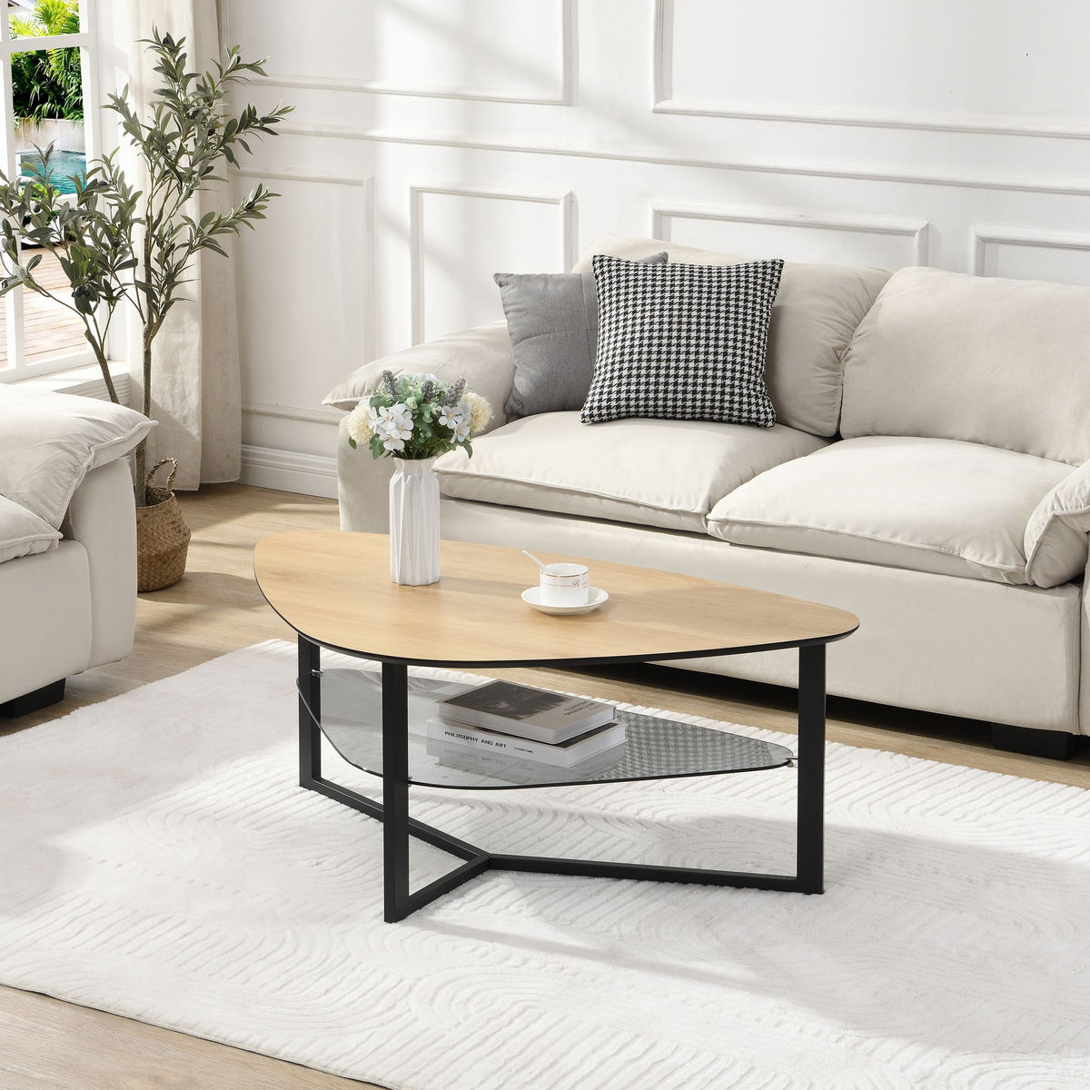 Niervormige salontafel in eikenlook 110 cm met glazen blad