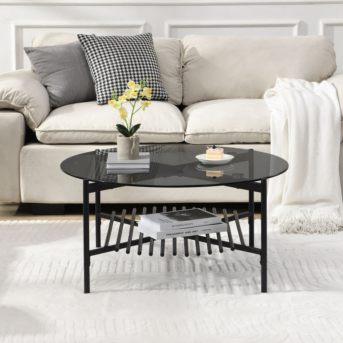 Salontafel Glas Metaal Rond 80x40 cm Zwart, Moderne