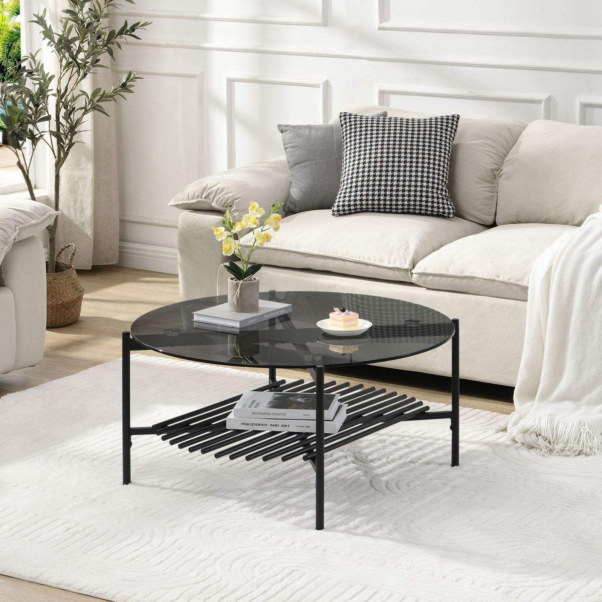 Salontafel Glas Metaal Rond 80x40 cm Zwart, Moderne