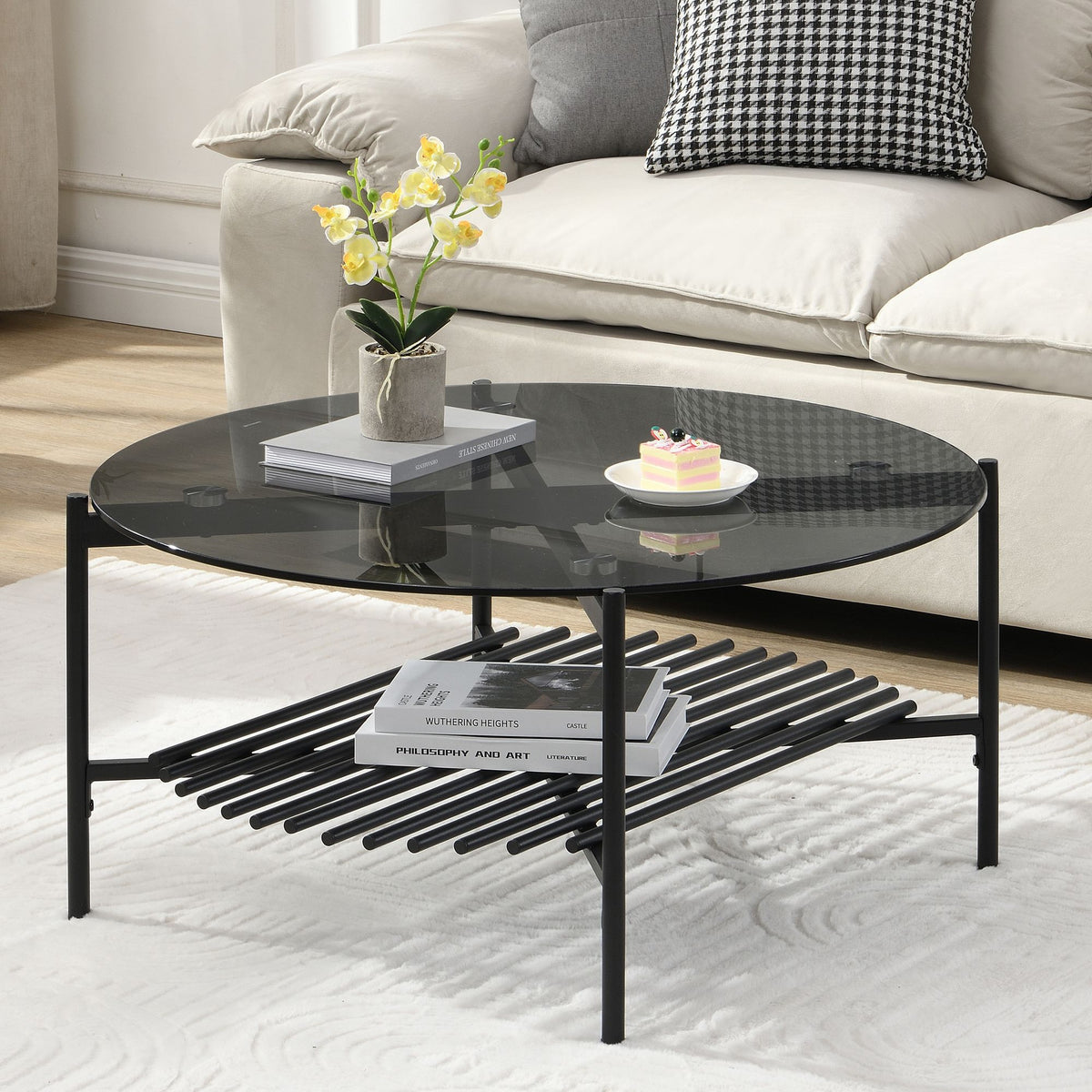Salontafel Glas Metaal Rond 80x40 cm Zwart, Moderne