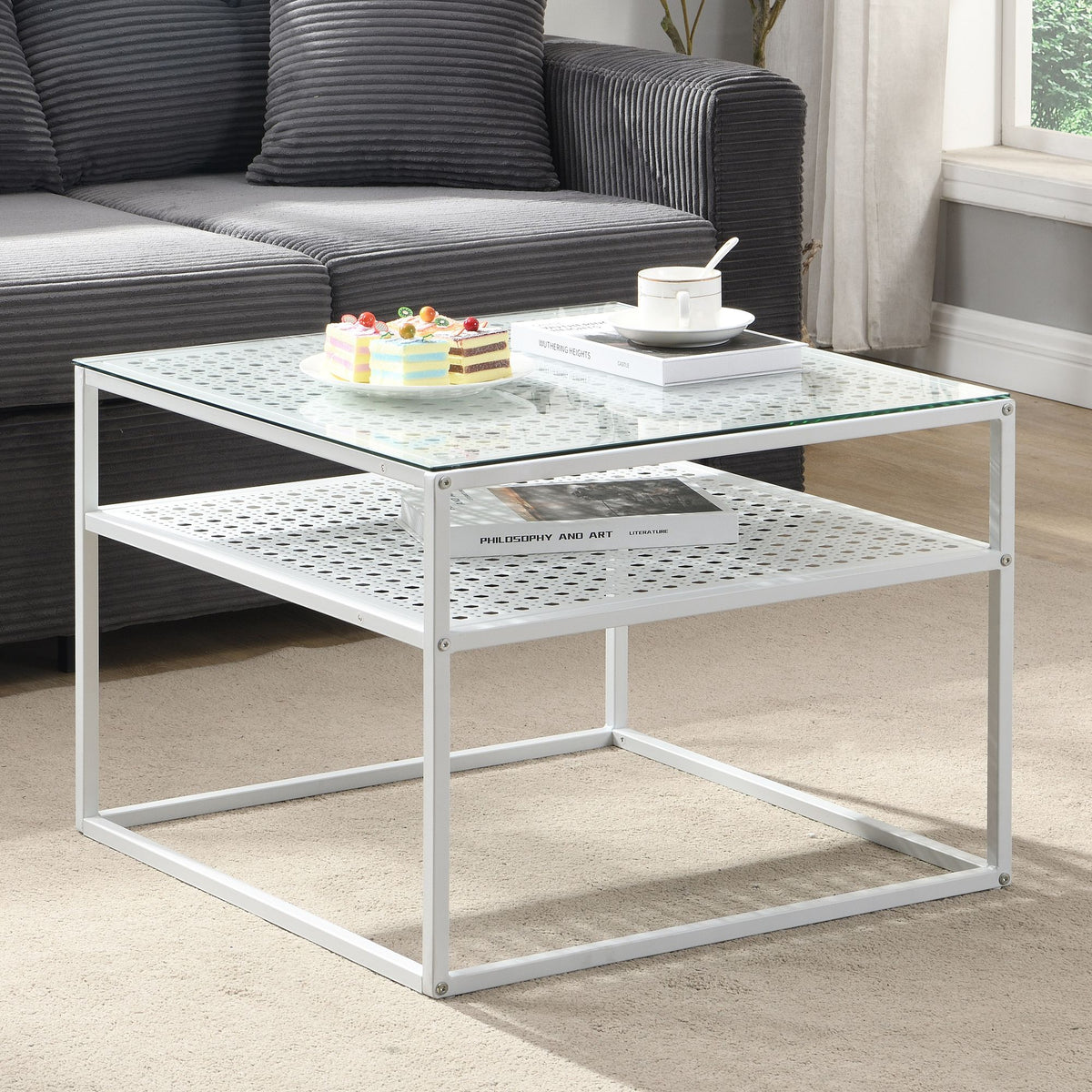 Salontafel Glas Metaal Wit 60x60x45 cm, Vierkante