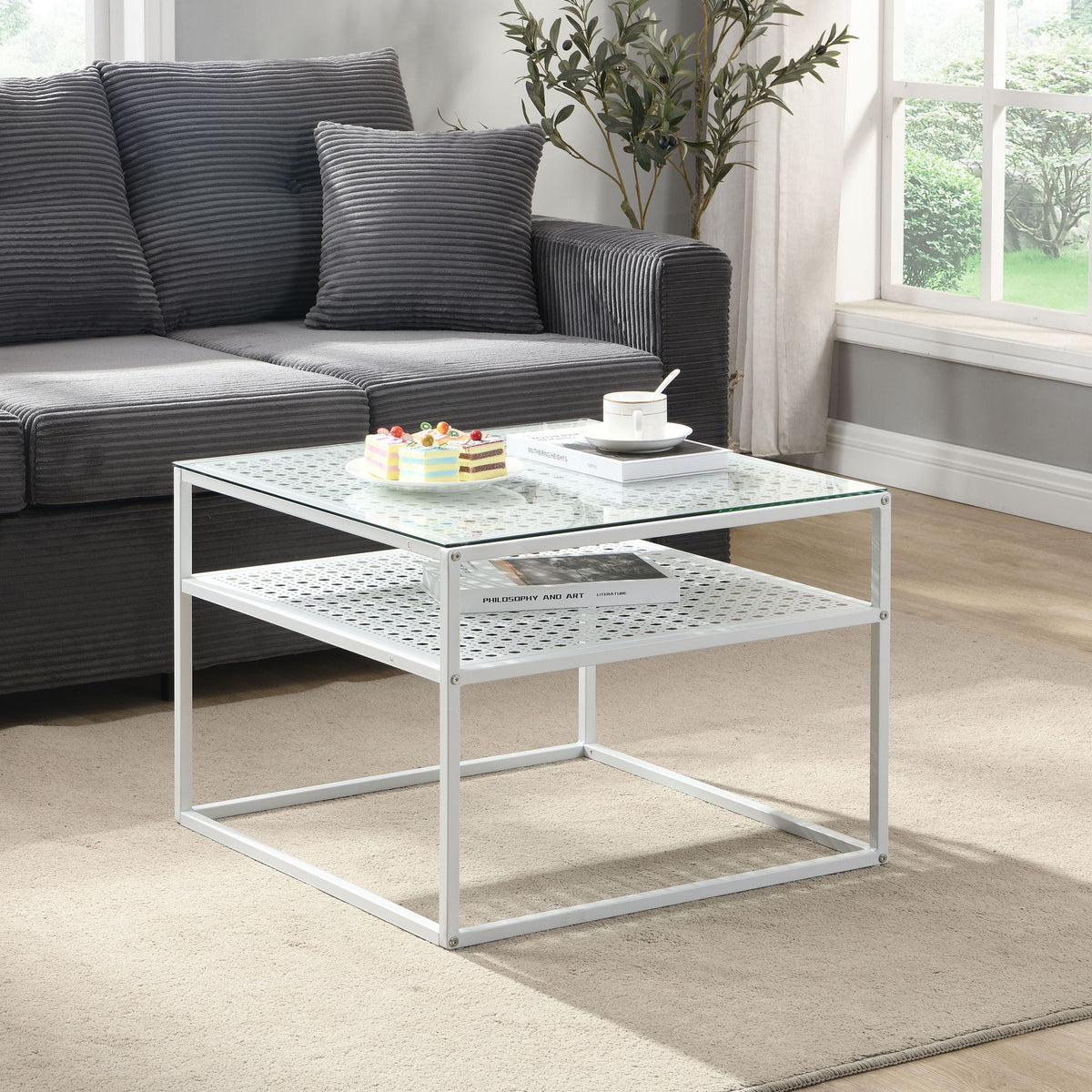 Salontafel Glas Metaal Wit 60x60x45 cm, Vierkante