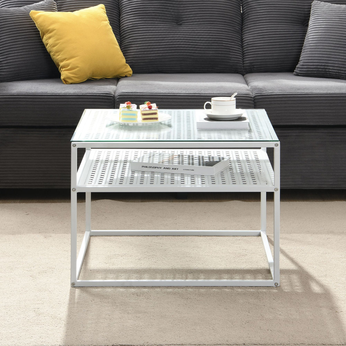 Salontafel Glas Metaal Wit 60x60x45 cm, Vierkante