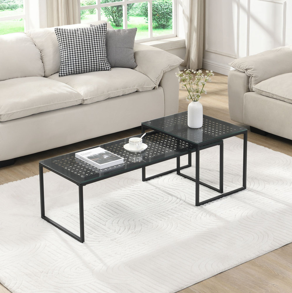 Bijzettafels Glas Metaal Set van 2 Moderne Salontafels Zwart