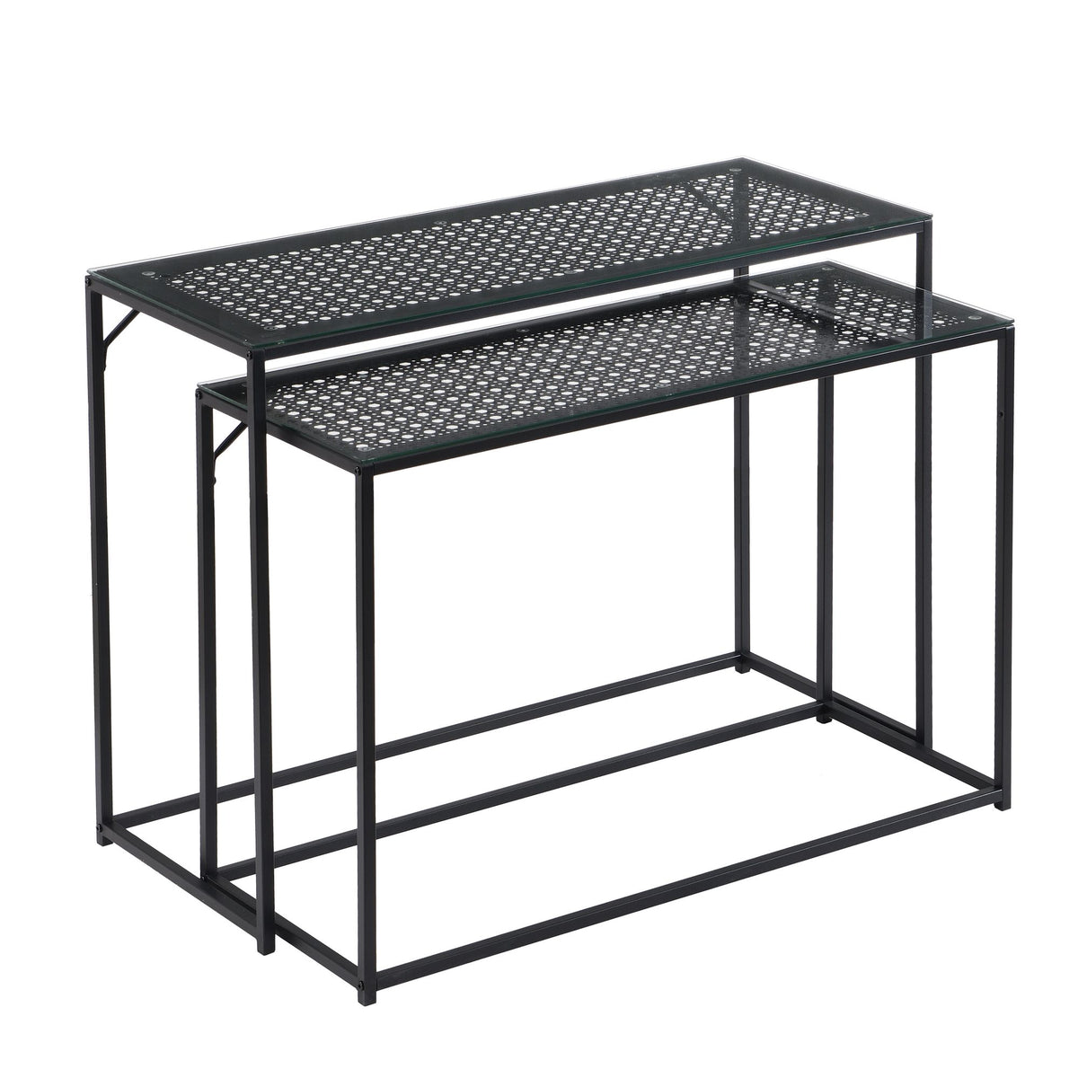 Consoletafel Set van 2 Zwart Metaal met Glazen Blad