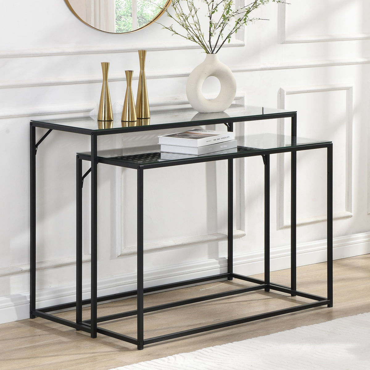 Consoletafel Set van 2 Zwart Metaal met Glazen Blad