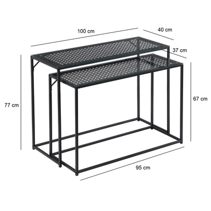Consoletafel Set van 2 Zwart Metaal met Glazen Blad,
