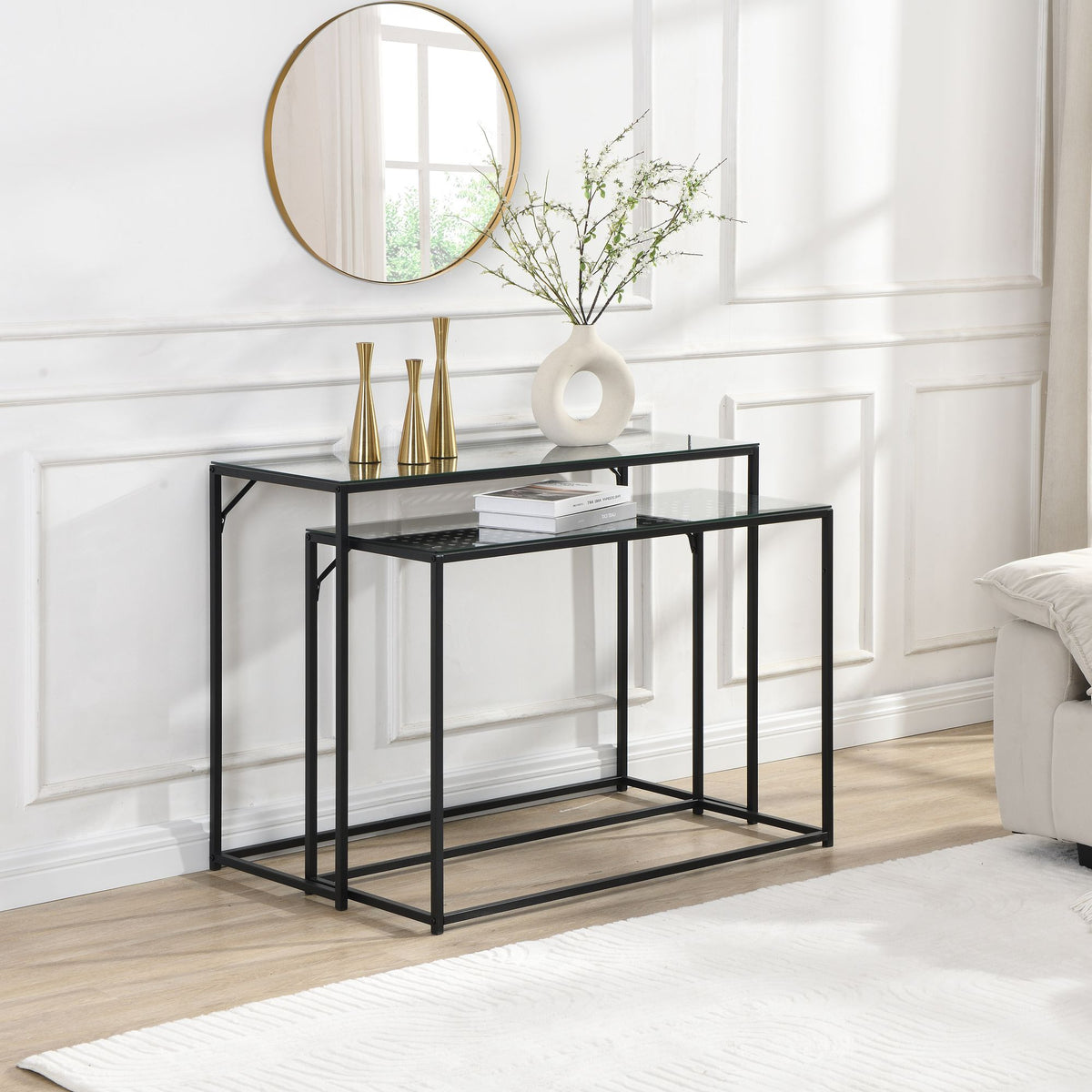 Consoletafel Set van 2 Zwart Metaal met Glazen Blad