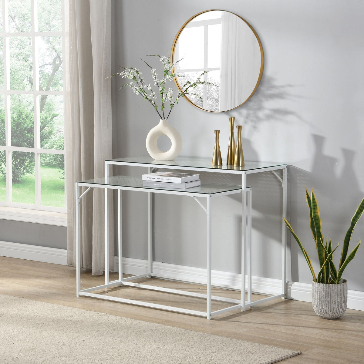Consoletafel Set van 2 Wit Metaal met Glazen Blad