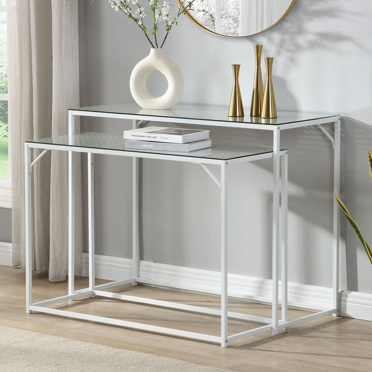 Consoletafel Set van 2 Wit Metaal met Glazen Blad