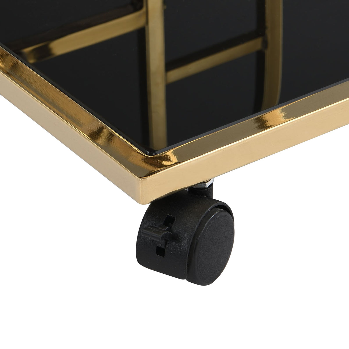 Serveerwagen goud metaal met glazen planken op wielen