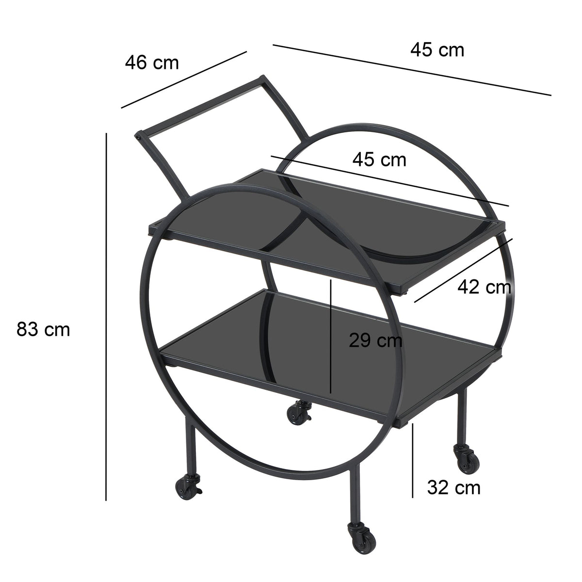 Serveerwagen metaal zwart 45x46x83 cm met glazen planken