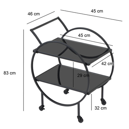 Serveerwagen metaal zwart 45x46x83 cm met glazen planken