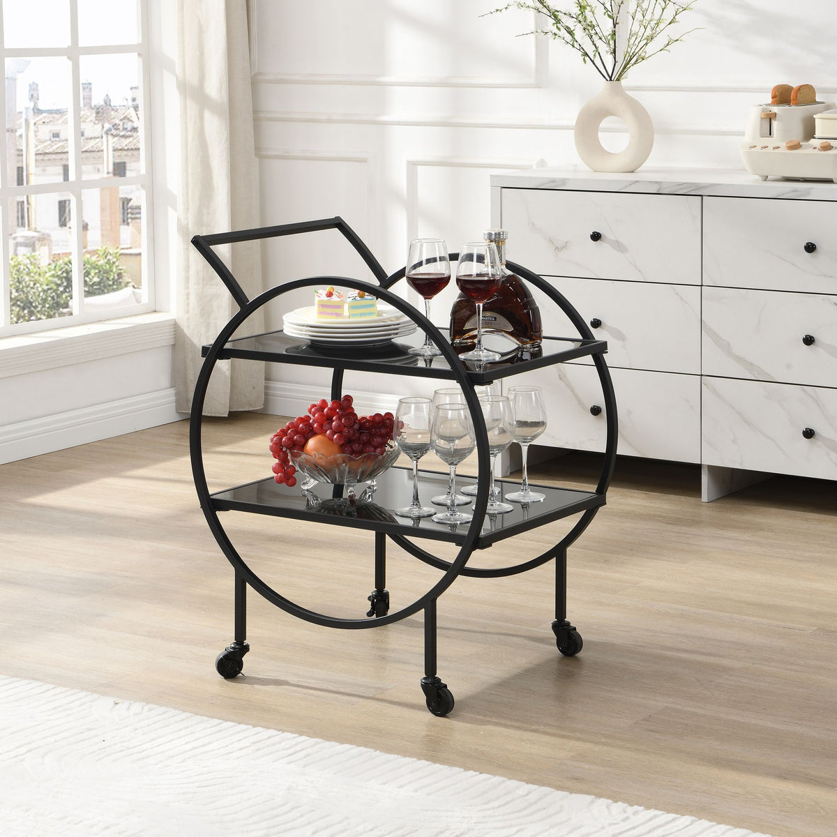 Serveerwagen metaal zwart 45x46x83 cm met glazen planken