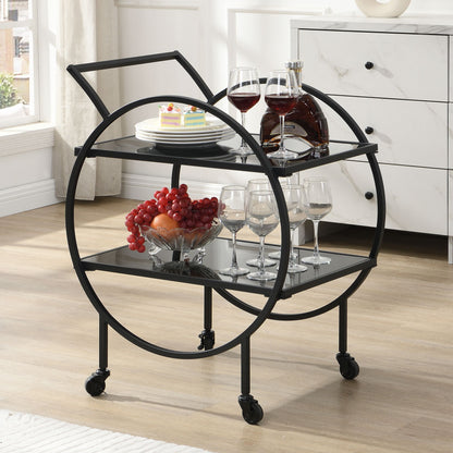 Serveerwagen metaal zwart 45x46x83 cm met glazen planken