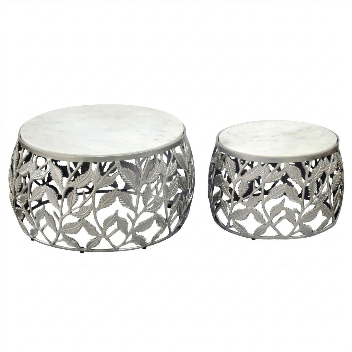 2-delige set salontafels zilver met wit marmeren tafelblad