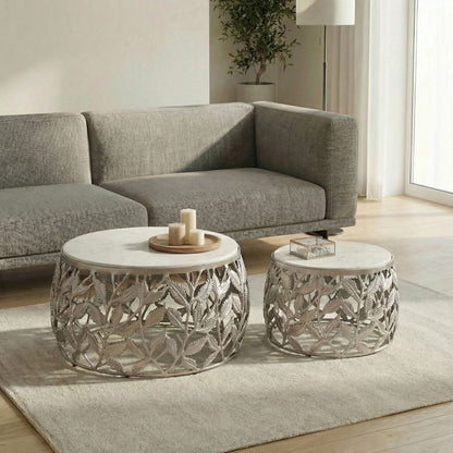 2-delige set salontafels zilver met wit marmeren tafelblad