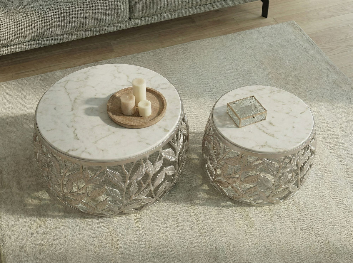 2-delige set salontafels zilver met wit marmeren tafelblad