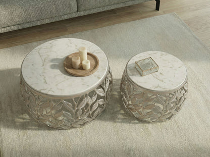 2-delige set salontafels zilver met wit marmeren tafelblad