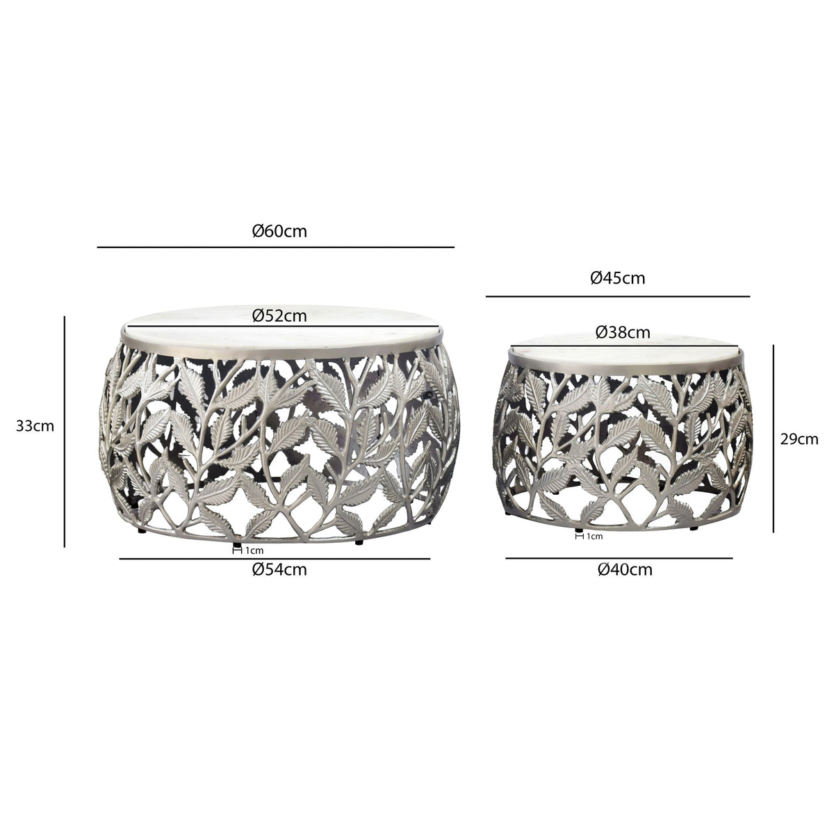 2-delige set salontafels zilver met wit marmeren tafelblad