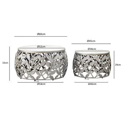 2-delige set salontafels zilver met wit marmeren tafelblad