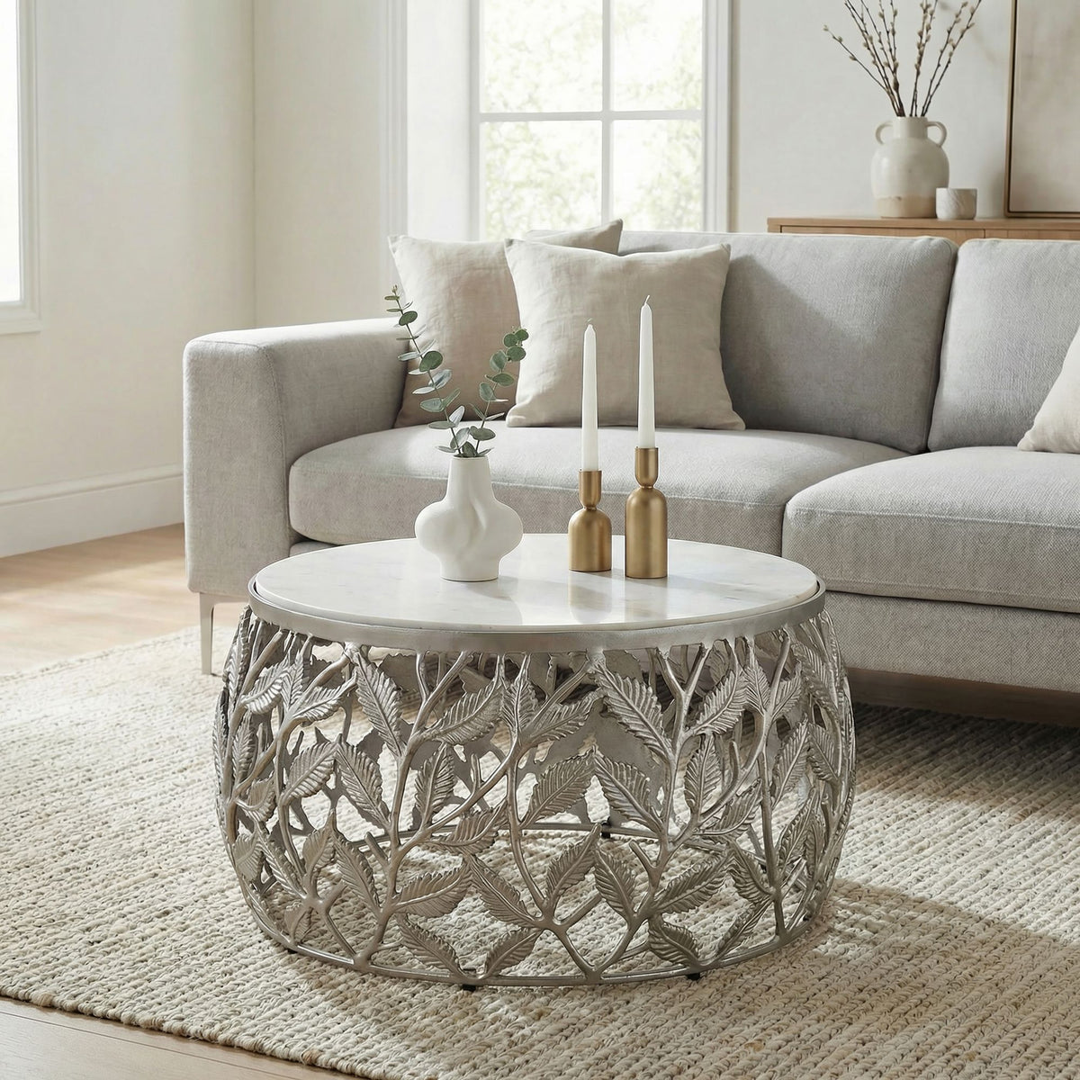 Salontafel 60cm Zilver met wit Marmer Tafelblad - Ronde