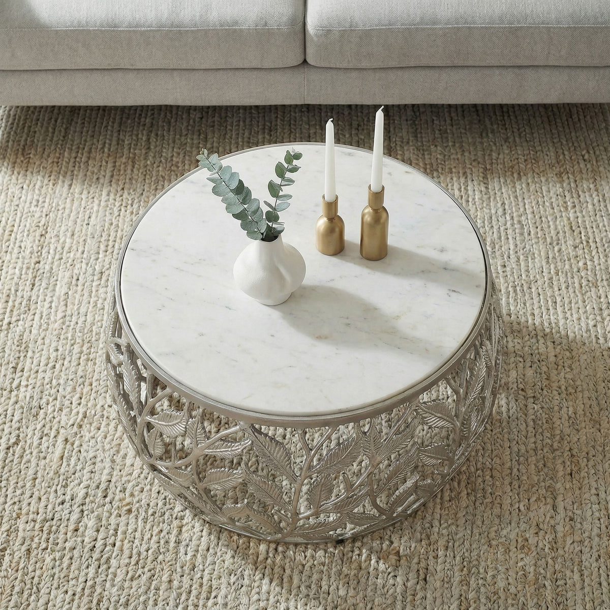 Salontafel 60cm Zilver met wit Marmer Tafelblad - Ronde