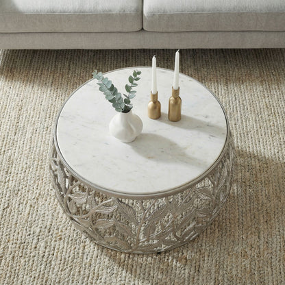 Salontafel 60cm Zilver met wit Marmer Tafelblad - Ronde