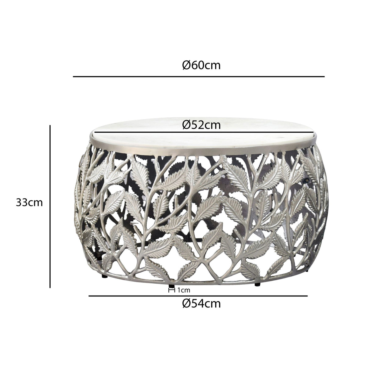 Salontafel 60cm Zilver met wit Marmer Tafelblad - Ronde