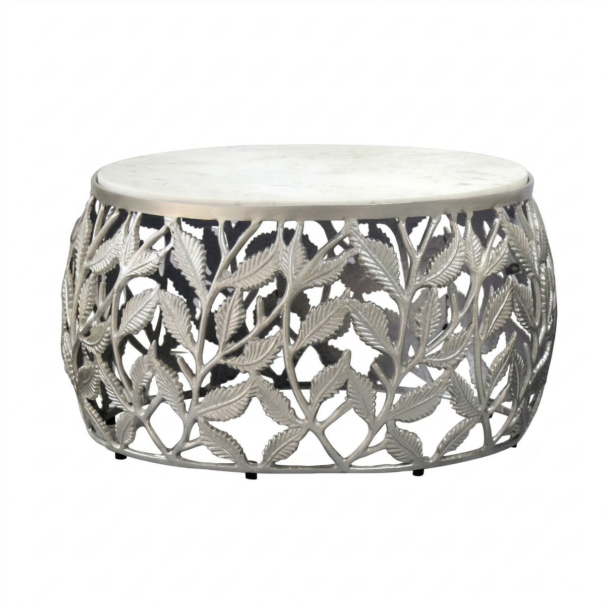 Salontafel 60cm Zilver met wit Marmer Tafelblad - Ronde