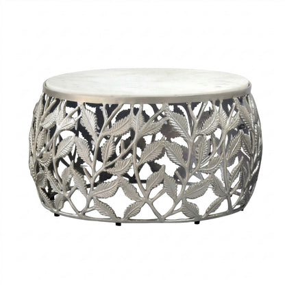 Salontafel 60cm Zilver met wit Marmer Tafelblad - Ronde