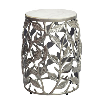 Bijzettafel 40cm Zilver met wit marmeren tafelblad - Salontafel klein rond