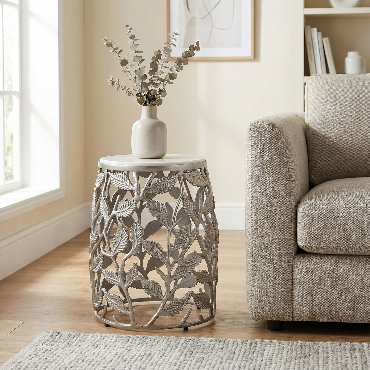 Bijzettafel 40cm Zilver met wit marmeren tafelblad - Salontafel klein rond