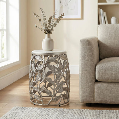 Bijzettafel 40cm Zilver met wit marmeren tafelblad - Salontafel klein rond