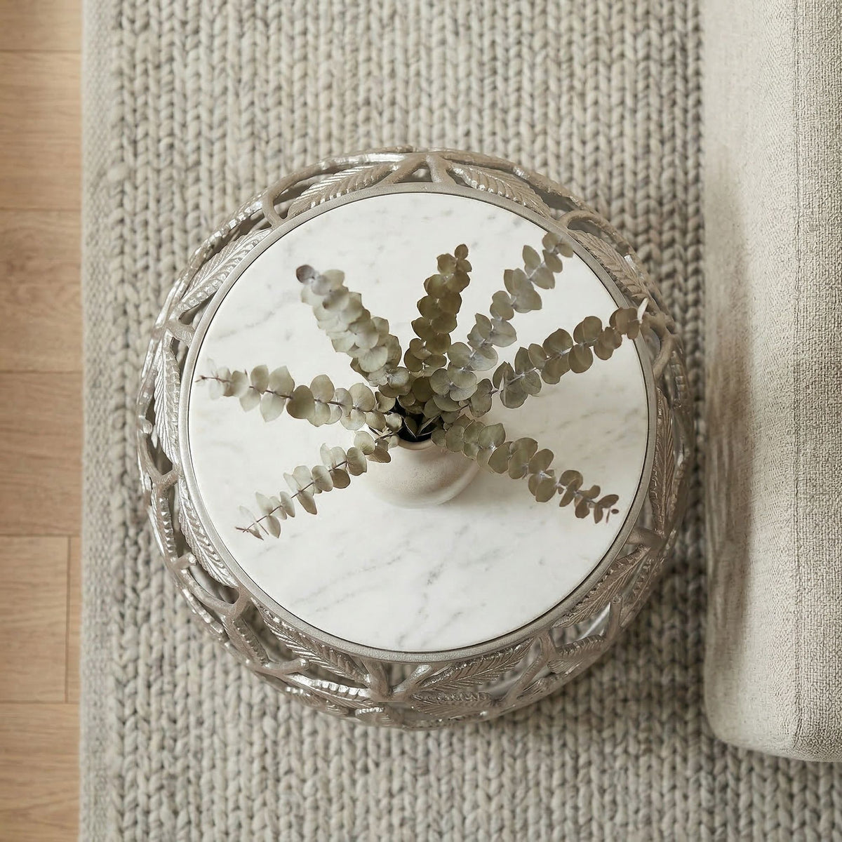 Bijzettafel 40cm Zilver met wit marmeren tafelblad - Salontafel klein rond