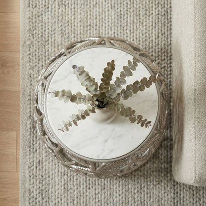 Bijzettafel 40cm Zilver met wit marmeren tafelblad - Salontafel klein rond