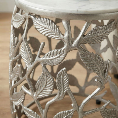 Bijzettafel 40cm Zilver met wit marmeren tafelblad - Salontafel klein rond