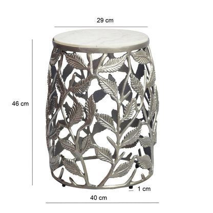 Bijzettafel 40cm Zilver met wit marmeren tafelblad - Salontafel klein rond