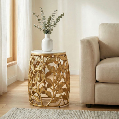 Bijzettafel 40cm Goud met wit marmeren tafelblad - Kleine ronde salontafel
